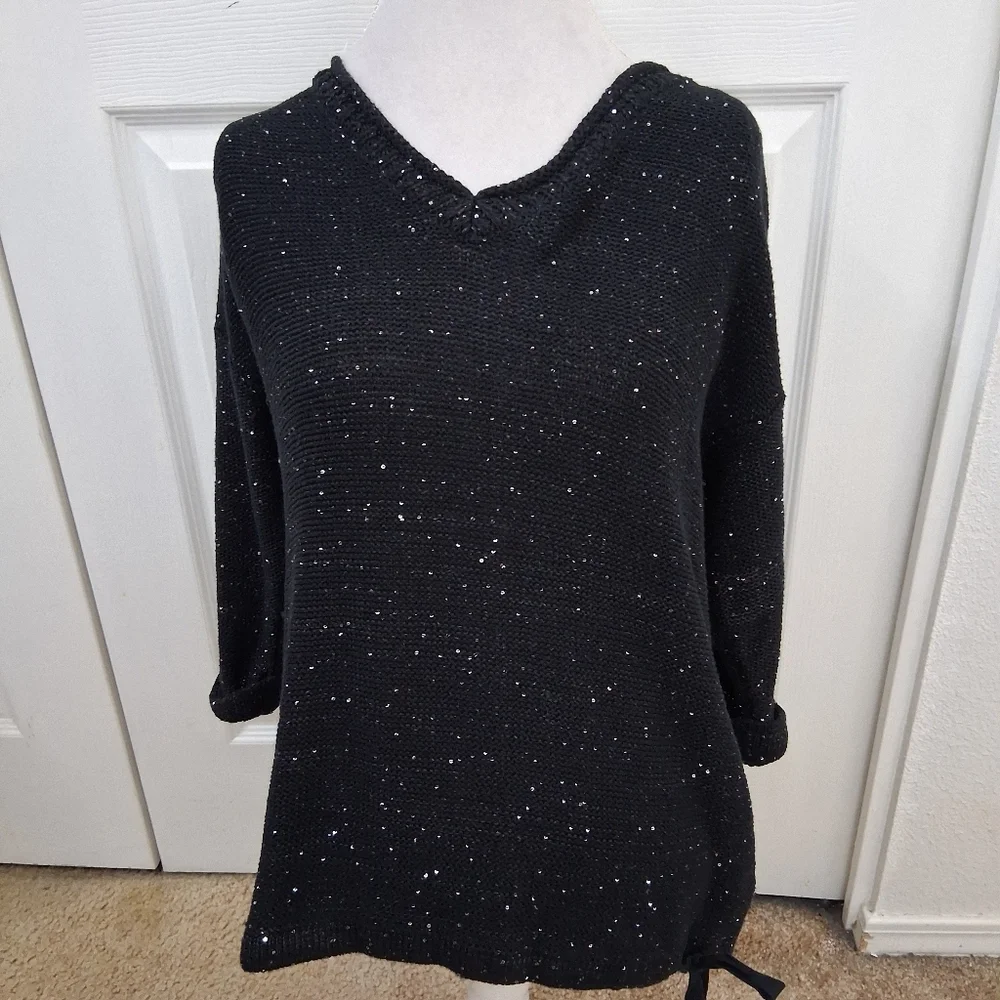 DKNY Jeans Black Sequin Sweater With Bottom Tie Size L